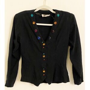 Vintage Bait Black Cotton Jewel Embellished V-Neck Top Long Sleeve Made in USA M